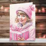 Cute Little Girl i Rosa Retro-julen Kort<br><div class="desc">Söt helgdag julkort med vattenfärg. En liten vintage i vinternet som håller en retro-presentlåda i rosa.</div>