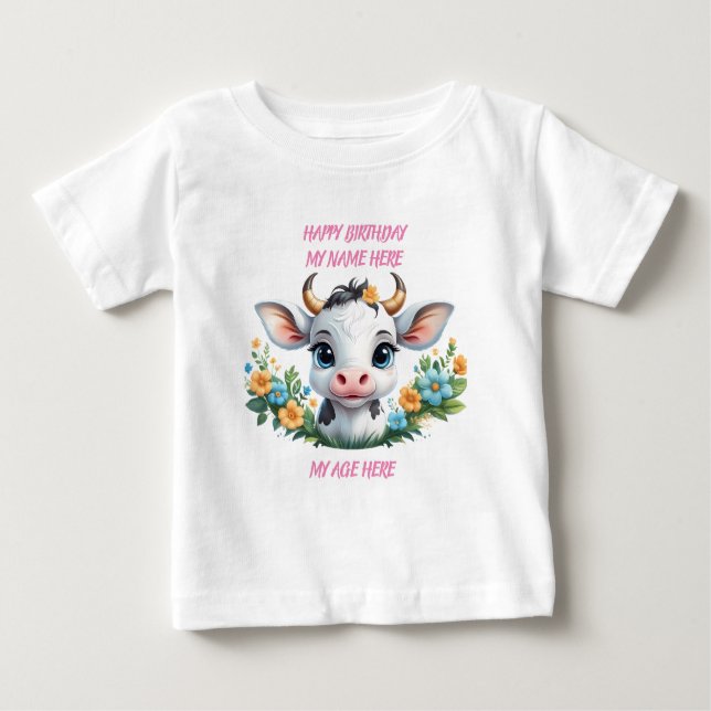 Cute Little girl ko of blommor T Shirt (Framsida)