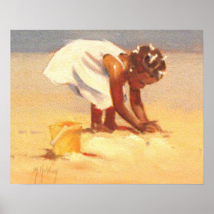 Cute Little Girl leker i sand Poster
