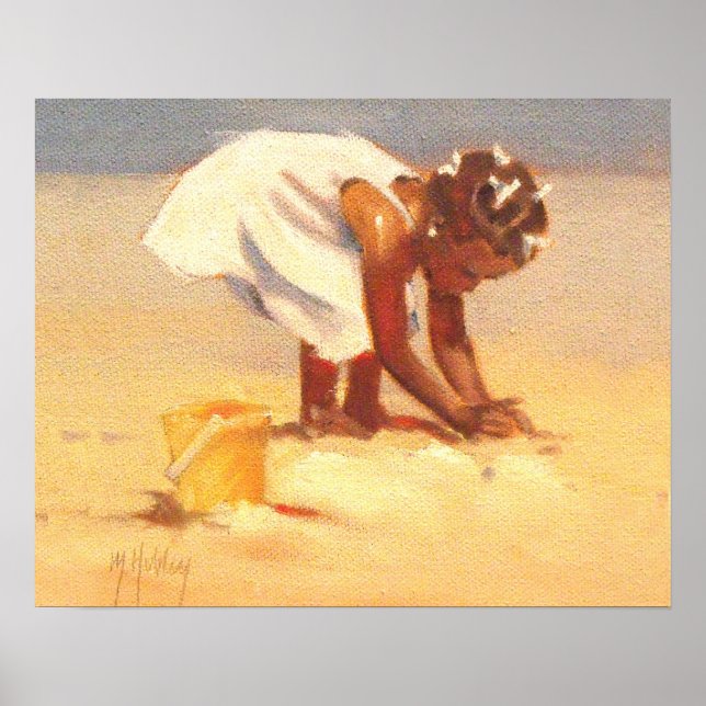 Cute Little Girl leker i sand Poster (Framsidan)