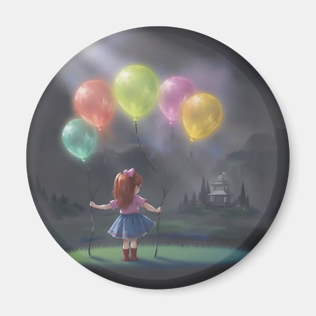 Cute Little Girl med Balloons Magnet (Framsidan)