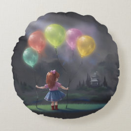 Cute Little Girl med Balloons Rund Kudde