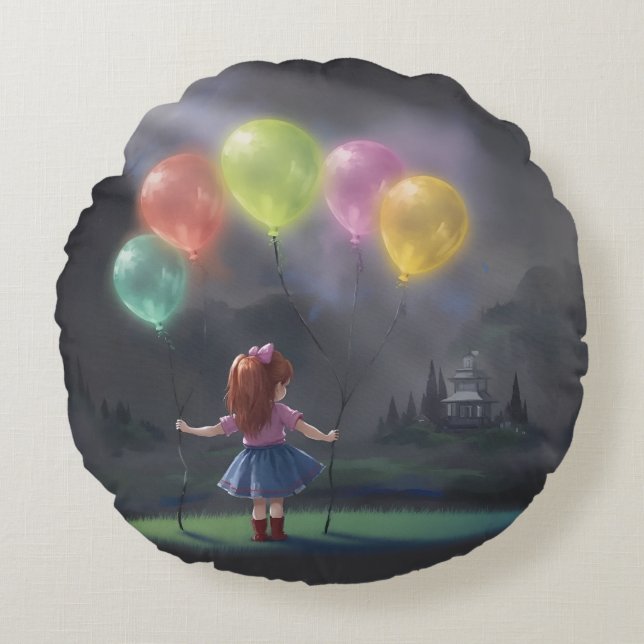 Cute Little Girl med Balloons Rund Kudde (Framsidan)