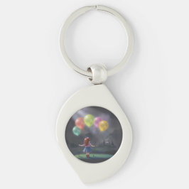 Cute Little Girl med Balloons Swirl Silverfärgad Nyckelring