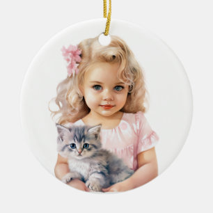 CUTE LITTLE GIRL MED HENNE KITTEN JULGRANSPRYDNAD KERAMIK