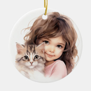 CUTE LITTLE GIRL MED HENNE KITTEN JULGRANSPRYDNAD KERAMIK
