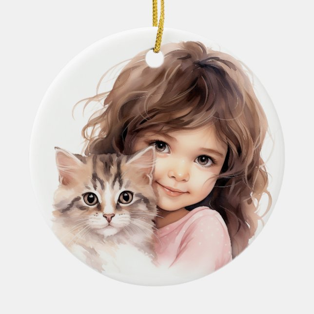CUTE LITTLE GIRL MED HENNE KITTEN JULGRANSPRYDNAD KERAMIK (Framsidan)