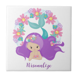 Cute Little Girl Mermaid Purple Pink Personalized Kakelplatta