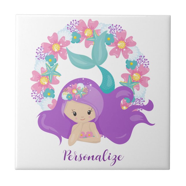 Cute Little Girl Mermaid Purple Pink Personalized Kakelplatta (Framsidan)