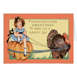 Cute Little Girl Riding A Pumpkin Turkiet Hälsningskort