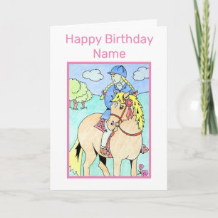 Cute Little Girl Riding Pony Tecknad Birthday Kort