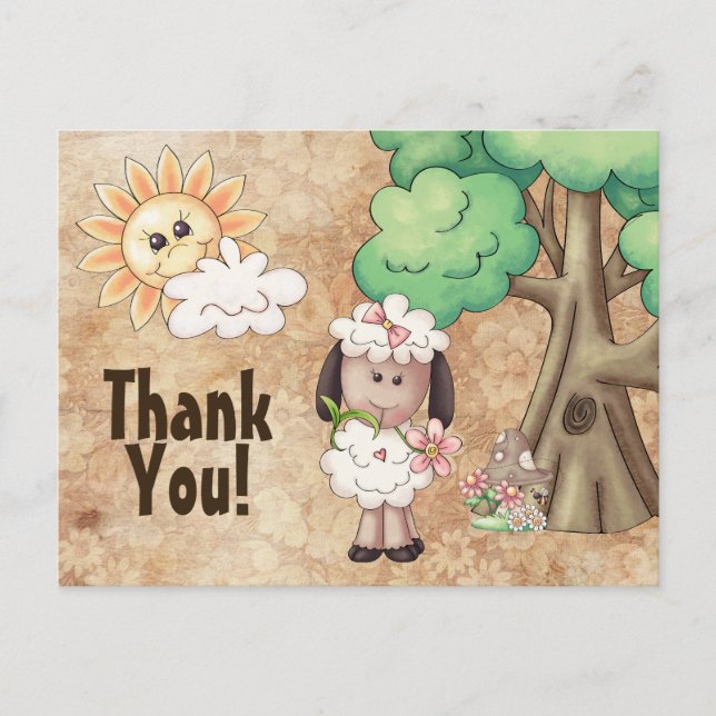 Cute Little Girl Sheep and Flowers Tack Vykort (Framsida)