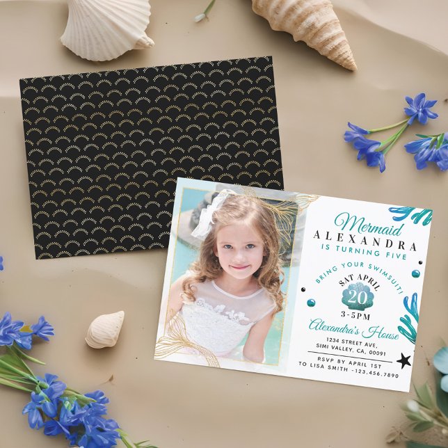 Cute Little Girl Sjöjungfru Photo Birthday-inbjuda Inbjudningar (Cute Little Girl Mermaid Photo Birthday Invitation)