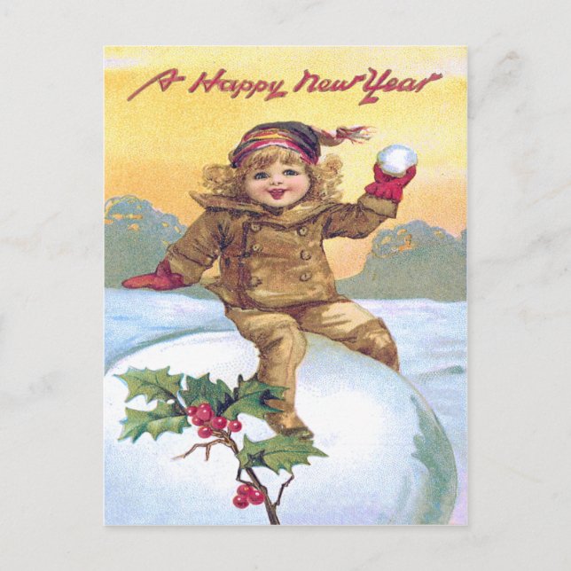 Cute Little Girl Snowball Holly Snö Vykort (Framsida)
