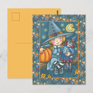 CUTE LITTLE GIRL WITCH, RAG DOLL, HAPPY HALLOWEEN VYKORT