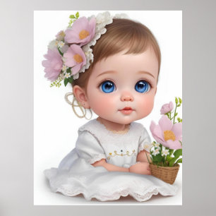Cute Little Girl with Blue Ögon and Flowers in Hai Poster