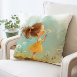 Cute Little Girl with Flowers Pillow, Whimsical Kudde