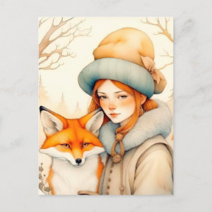 Cute Little Girl With Fox Chritmas Vykort