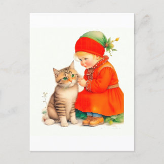 Cute Little Girl With Kitten Chritmas Vykort