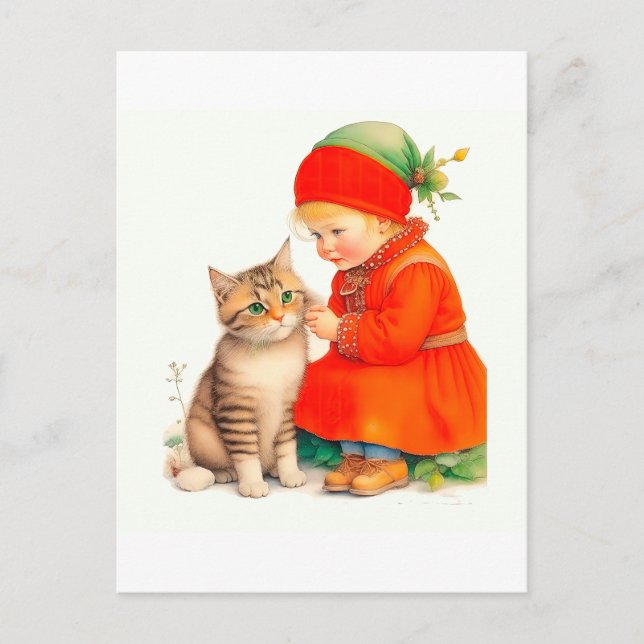 Cute Little Girl With Kitten Chritmas  Vykort (Framsida)