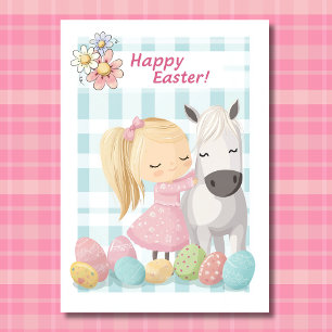 Cute Little Girl with Pony - Horse Påsk Helgkort