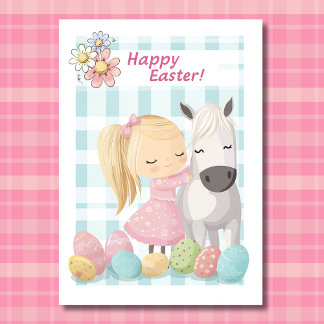Cute Little Girl with Pony - Horse Påsk Helgkort