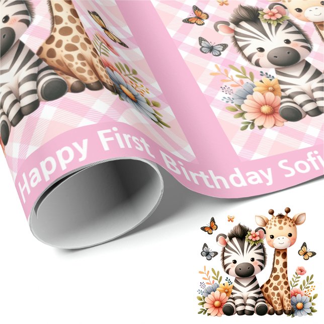 Cute Little Girl's Birthday Add Namn Zoo Animals Presentpapper (Skapare uppladdad)