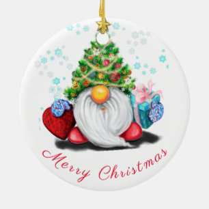 Cute Little Gnome med Julgran Hat och Gift Julgransprydnad Keramik