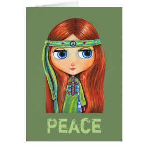 Cute Little Grönt Hippie Girl Fredstecken Hälsningskort