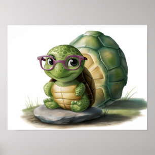 Cute Little Grönt Turtle Wearing Glasses Poster