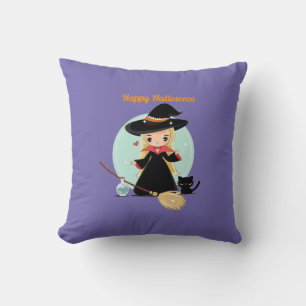 Cute Little Halloween Witch och Kattunge Kudde