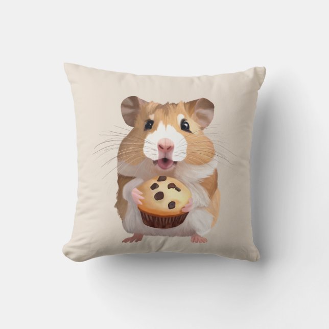 Cute Little Hamster Holding A Muffin Kudde (Framsida)