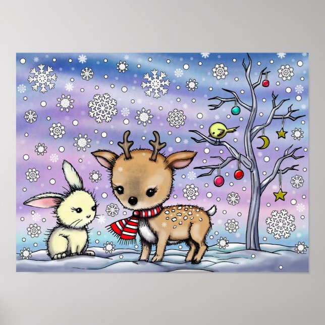 Cute Little Hjort och Bunny Illustrated Art Poster (Framsidan)