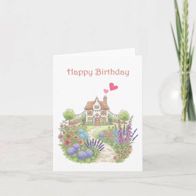 Cute Little House med Blommigt Garden Birthday Kort (Framsida)