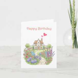 Cute Little House med Blommigt Garden Birthday Kort