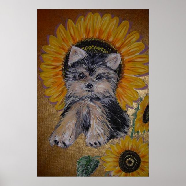 Cute Little Hund och Solblommor Poster (Framsidan)