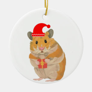 Cute Little jul Hamster som håller en present Julgransprydnad Keramik