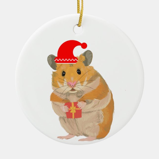 Cute Little jul Hamster som håller en present Julgransprydnad Keramik (Framsidan)