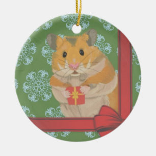 Cute Little jul Hamster som håller en present Julgransprydnad Keramik