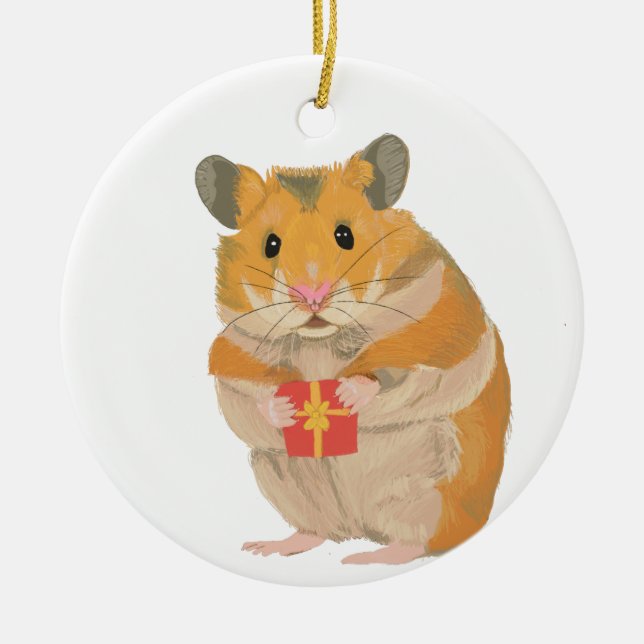 Cute Little jul Hamster som håller en present Julgransprydnad Keramik (Framsidan)
