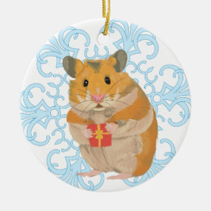 Cute Little jul Hamster som håller en present Julgransprydnad Keramik