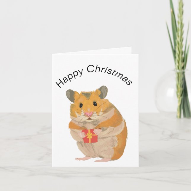 Cute Little jul Hamster som håller en present Kort (Framsida)