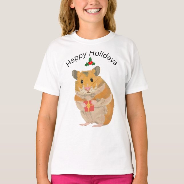 Cute Little jul Hamster som håller en present T Shirt (Framsida)