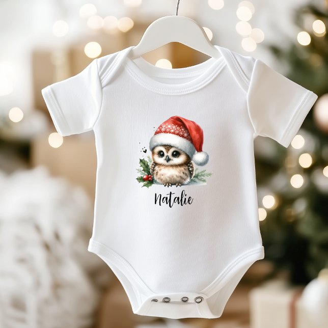 Cute Little jul Uggla Namn Baby Bodykostdräkt T Shirt (Cute Little Christmas Owl Name Baby Bodysuit)