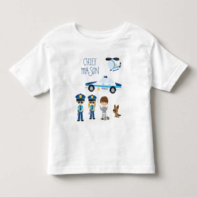 Cute Little Kid Tecknad Policeman med första Namn T Shirt (Framsida)