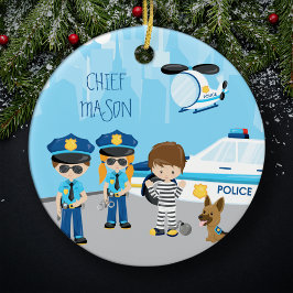 Cute Little Kid Tecknad Policeman Namn jul Julgransprydnad Keramik