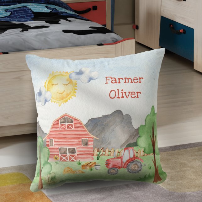 Cute Little Kids Farmer med första Namn-vattenfärg Kudde (Skapare uppladdad)