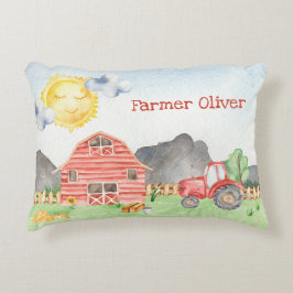 Cute Little Kids Farmer med första Namn-vattenfärg Prydnadskudde
