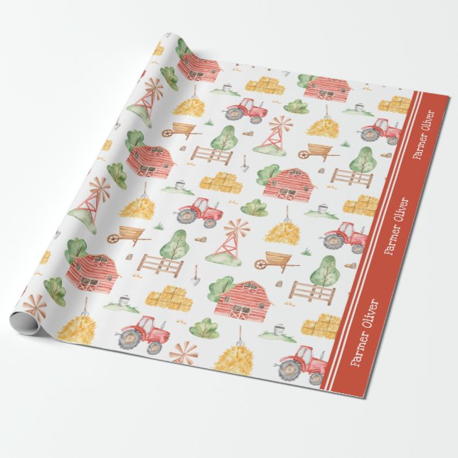 Cute Little Kids Farmer Mönster med First Namn Presentpapper (Utrullad)