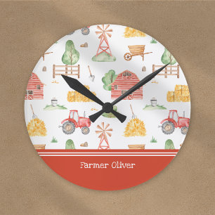 Cute Little Kids Farmer Mönster med First Namn Rund Klocka